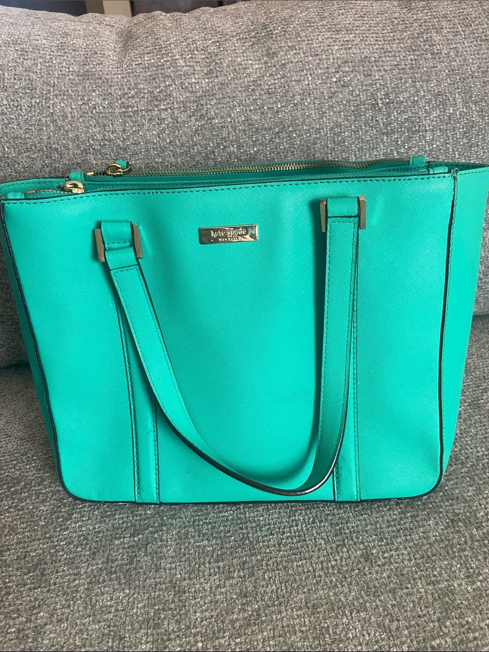 kate spade teal tote with gold hardware